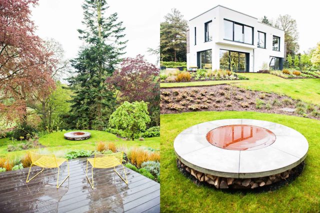 Farnham Garden Design Purbeck stone with multi-level Ipe hardwood decking, lawns and wild flower meadow and sculptural fire table Surrey landscaping.