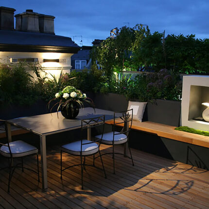 7 Inspiring Roof Terrace Ideas, Garden Builders, lush garden with small trees and shrubs provides uplifting greenery ample screening privacy.