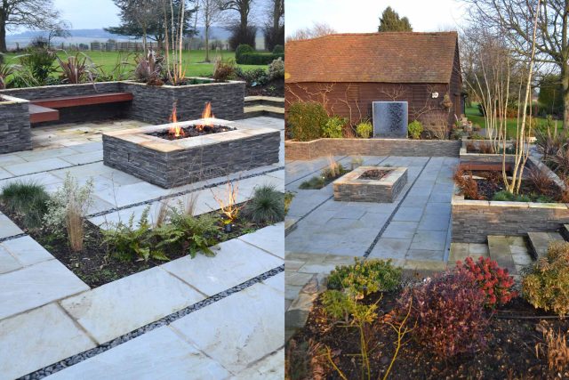 Contemporary courtyard garden in a rural setting paving riven grey sand stone and black polished pebbles, floating hardwood built-in bench seat Hertfordshire.