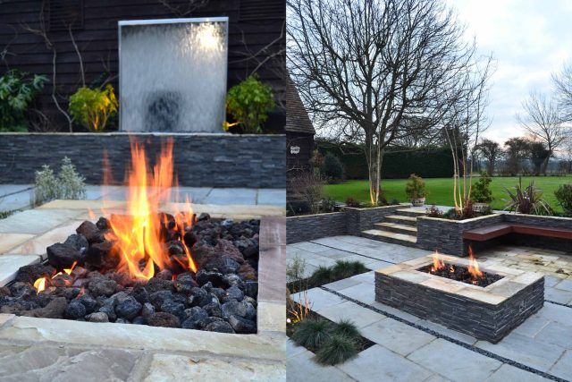 CContemporary courtyard garden in a rural setting paving riven grey sand stone and black polished pebbles, floating hardwood built-in bench seat Hertfordshire.