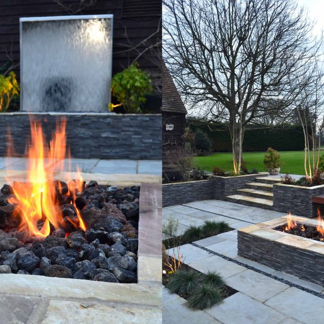 Contemporary courtyard garden in a rural setting paving riven grey sand stone and black polished pebbles, floating hardwood built-in bench seat Hertfordshire.