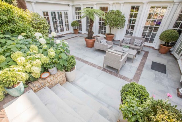 Garden Design Highgate North London Garden Designer Landscape Contractor, complimentary family style garden planting scheme also consisting diagonal brickwork.