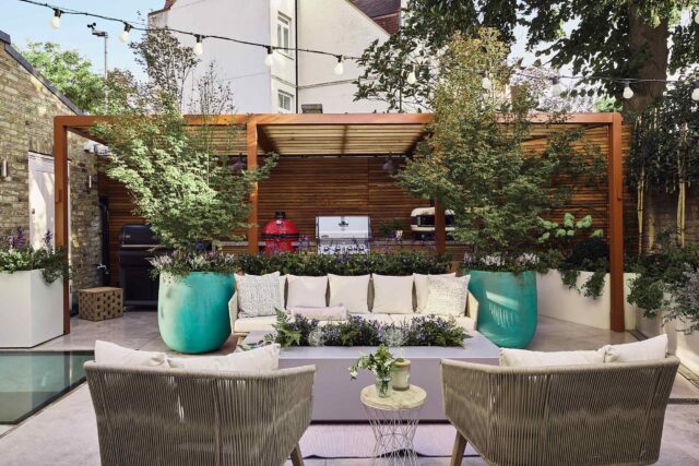 Family garden designer Barnes West London cooking gardens bbq, outdoor environment that blends intelligent design.