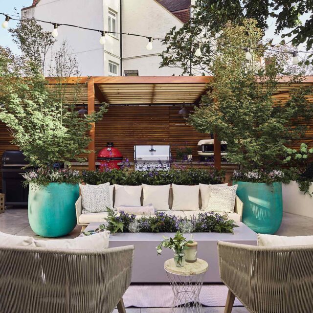 Family garden designer Barnes West London outdoor room kitchen cooking bbq design