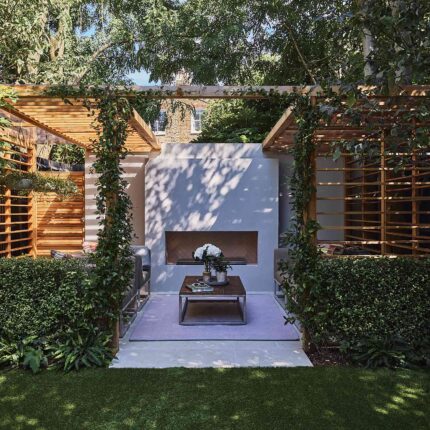 Tooting garden designer sophisticated outdoor retreat kitchen pergola, outdoor retreat for relaxation dining & year-round enjoyment.
